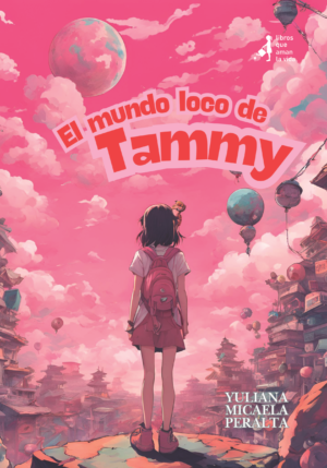 La portada luce una ilustracion estilo animé. Una chica adolescente de espalda, vestida con una remera de manga corta, pollera y zapatos, lleva una mochila y pelo corto. Se encuentra parada frente a un abismo donde observa una ciudad que se extiende lejos hacia adelante. Cielo abierto color rosado con nubes, una luna muy grande, y objetos similares a globos aerostáticos.